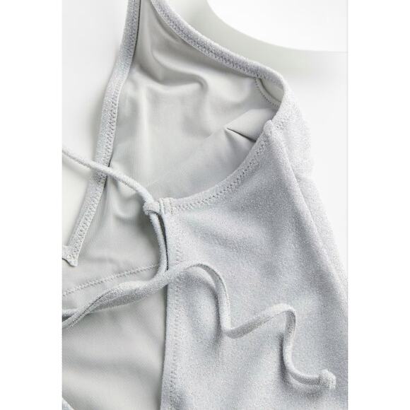 H&M Plunge One Piece Swimsuit Size XL Silver Glitter Maillot Sexy Glam High Cut - Picture 2 of 7